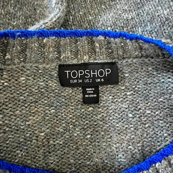 TopShop Gray Sweater Size 2 Side Slits Blue Trim Pullover Crewneck Long Sleeves - Picture 6 of 6